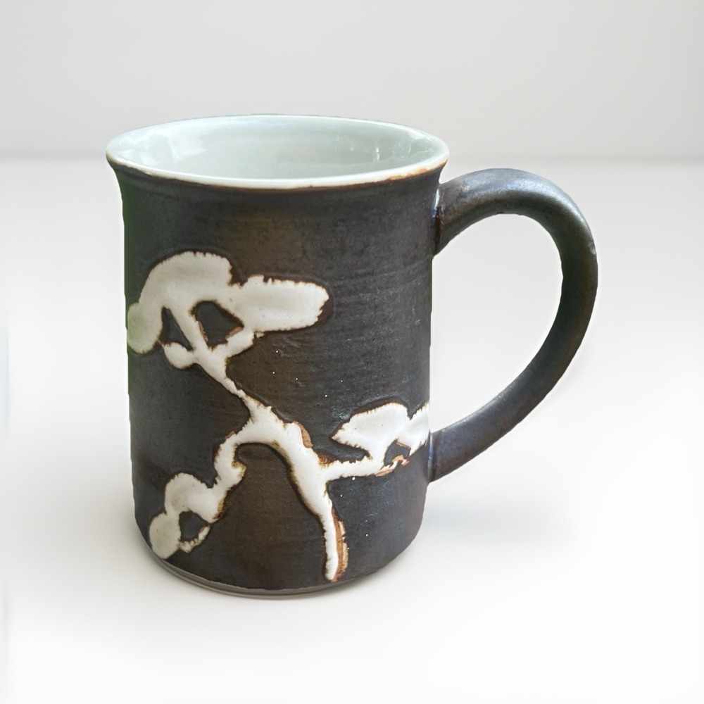 Handmade‎ Studio Pottery Mug Brown Cream Abstract Branch Ceramic Coffee Cup